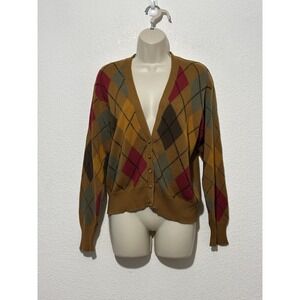 Vtg Jones NY Womens Petites PS Argyle‎ Cardigan Sweater Earth Tones Preppy